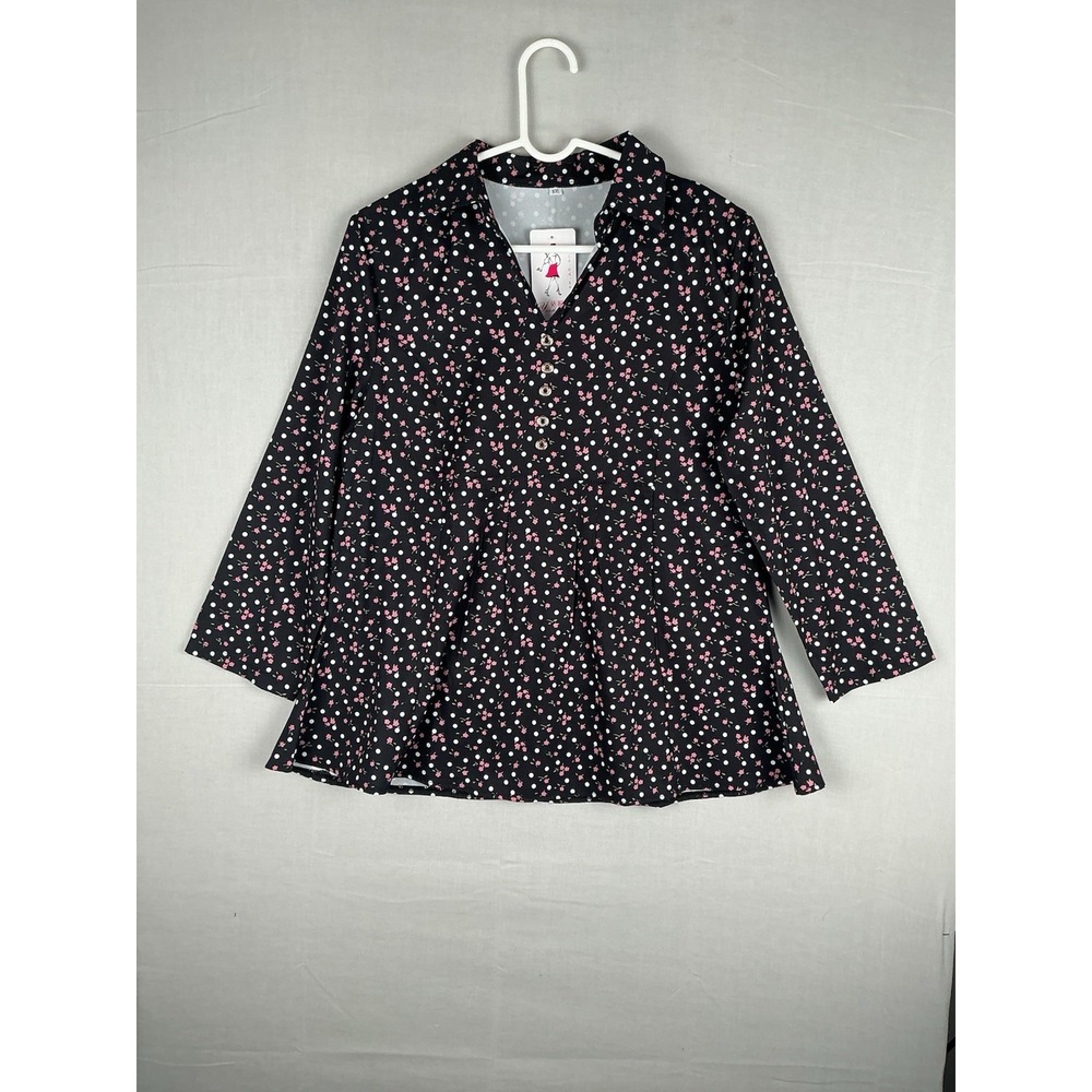 Yishunde Womens Blouse XXL Black Floral Polka Dot Peplum Button Front Top